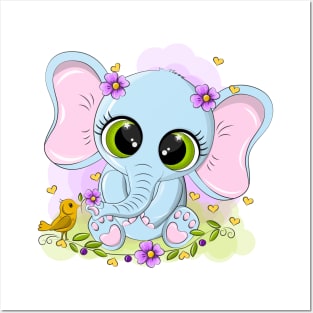 Cheerful baby elephant in a meadow with flowers Posters and Art